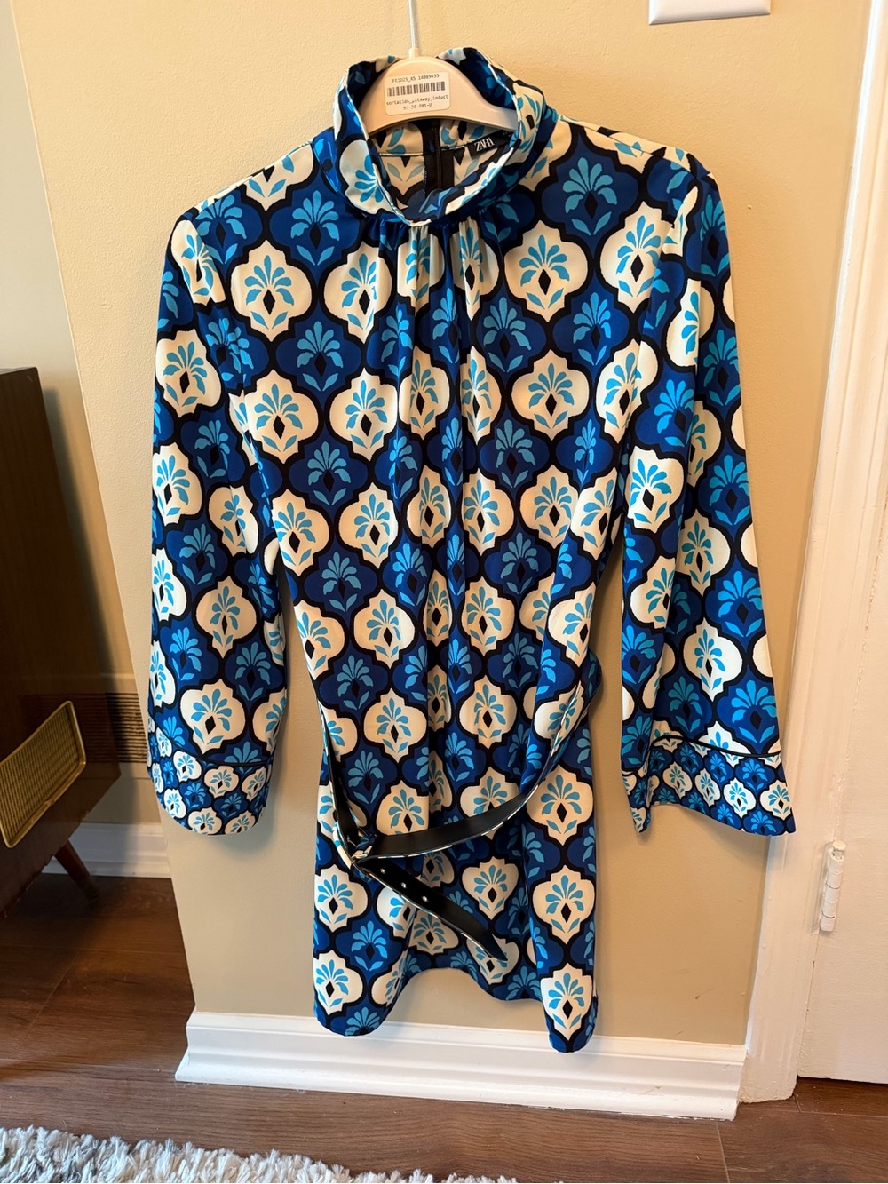 Zara Blue and Cream Geometric Floral Tie-Neck Mini Dress